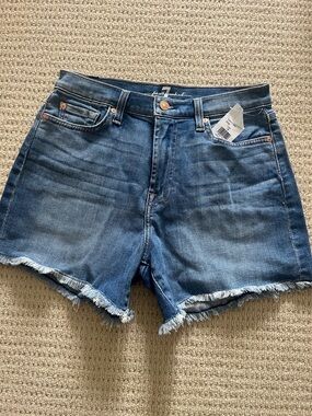 High-Waist 7 for all mankind Frayed Hem Denim Shorts - Medium Blue